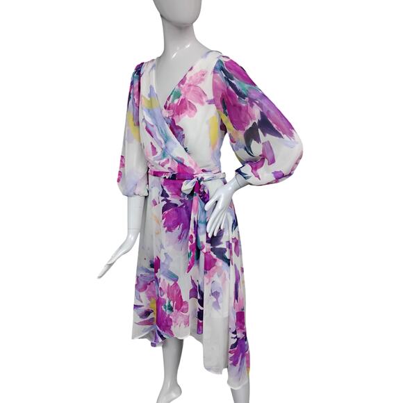 DKNY  Floral Print Balloon Sleeve Tie Waist V Neck Dress Size 12 White & Purple - Picture 4 of 14